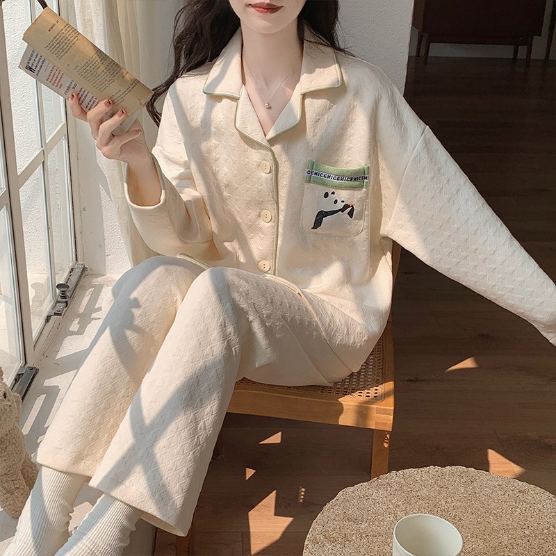 睡衣女秋冬季夹棉空气棉s夹层棉质长袖春秋三层加厚保暖家居服套