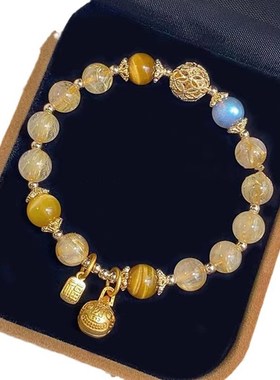 天然金发晶水晶月光石手链吞金兽钛C晶黄发晶手串财富石送女友礼