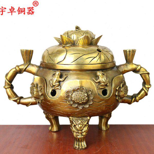 宇卓铜器  纯铜香炉黄铜香炉双耳青蛙莲花铜熏香炉工艺品摆件