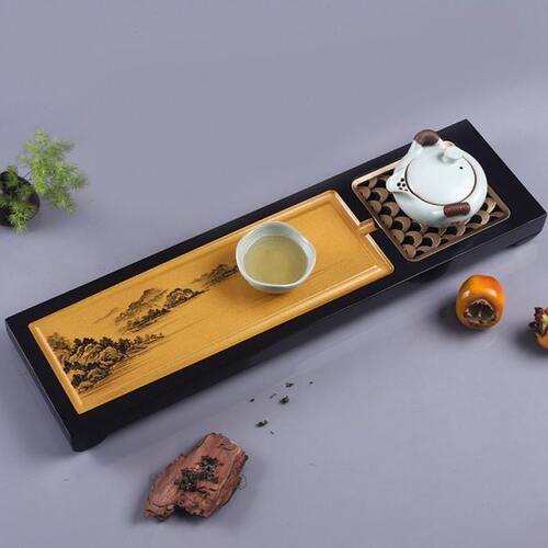 晋元恒实木干湿两用茶海小巧壶承彩绘山水禅意茶台功夫茶盘长方形