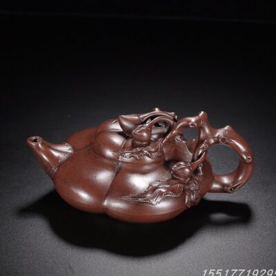 回流寿桃汪寅仙紫泥壶古董古玩茶壶老紫砂壶客厅摆件300cc
