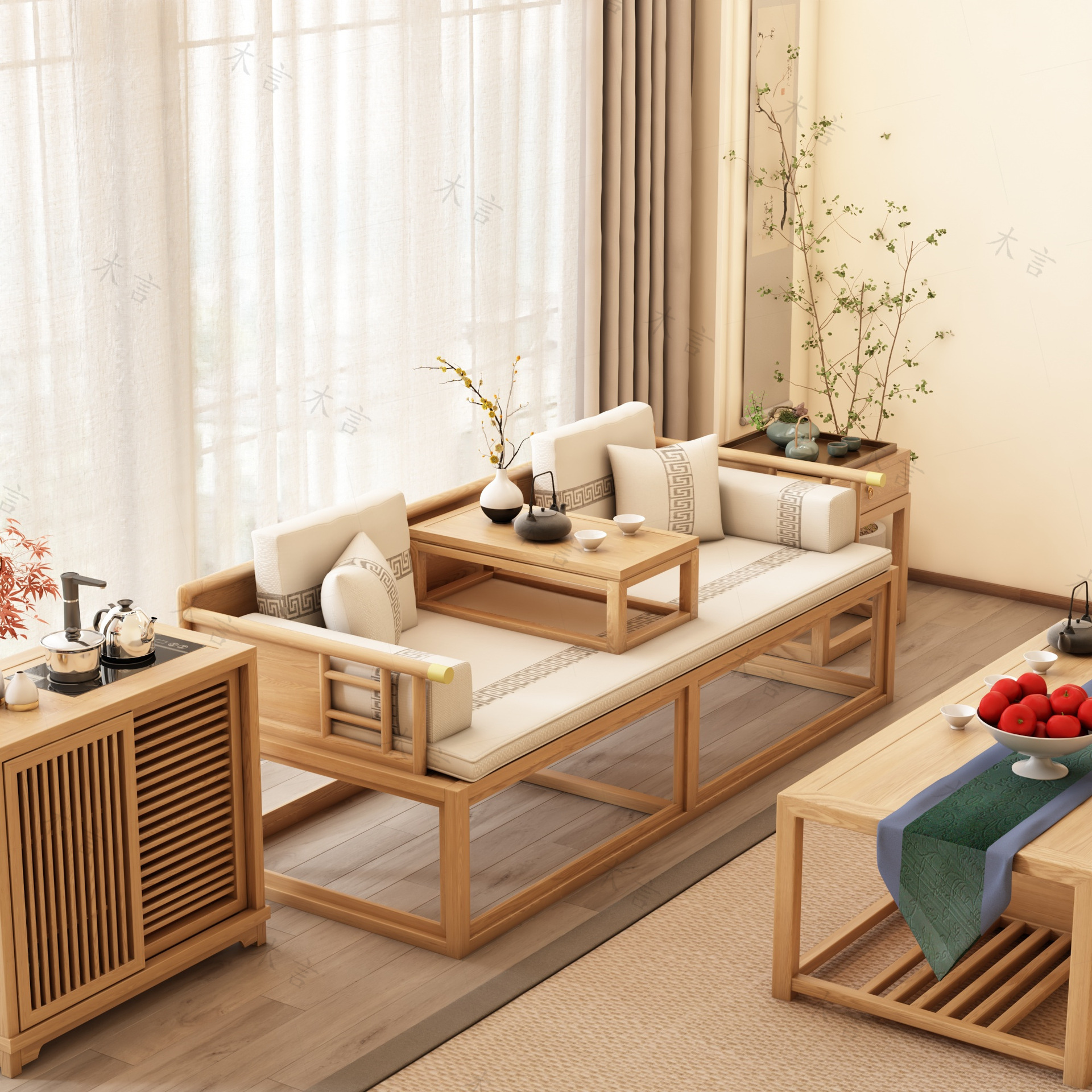 罗汉床沙发客厅睡榻推拉新中式沙发型客厅伸缩双人原木