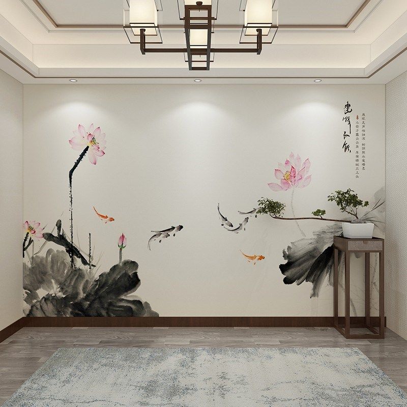 新中式荷花电视背景墙壁纸现代简约客厅卧室墙纸禅意莲花装饰壁画