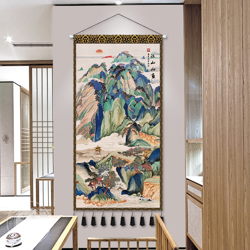 流水生财布艺挂画中式山水风景挂布背景墙中国风入户玄关装饰挂图片