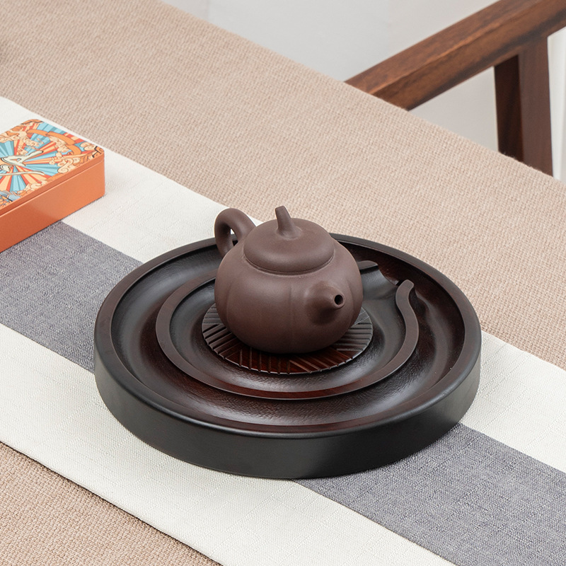 整块干泡竹茶盘双层沥水壶承简约储水小托盘功夫实木圆形茶台家用