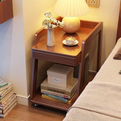 实木床头柜带轮可移动小推车家用客厅沙发边几侧边柜床边窄收纳柜