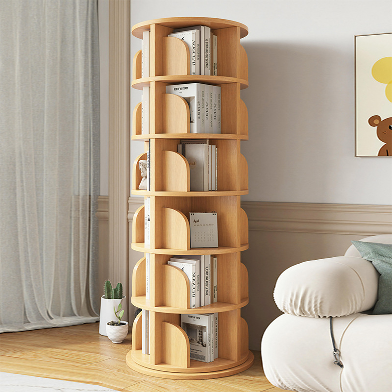 松木书架360度自由旋转书柜学生家用简易图书架多层落地储物柜
