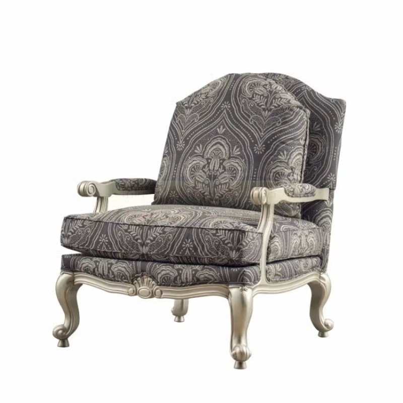 现货美式轻奢实木单人沙发椅香槟金客厅花布单人椅老虎椅高背椅