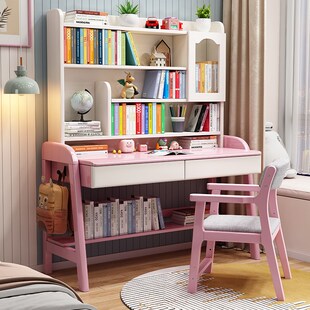 儿童学习桌初中生实木书桌书架一体可升降办公学生家用台式电脑桌