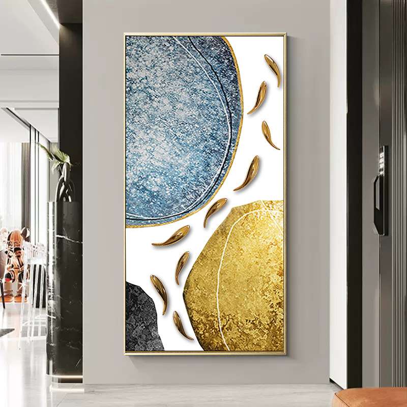 手绘挂画轻奢风玄关装饰画竖版走廊壁画大幅客厅油画九鱼图金属图片