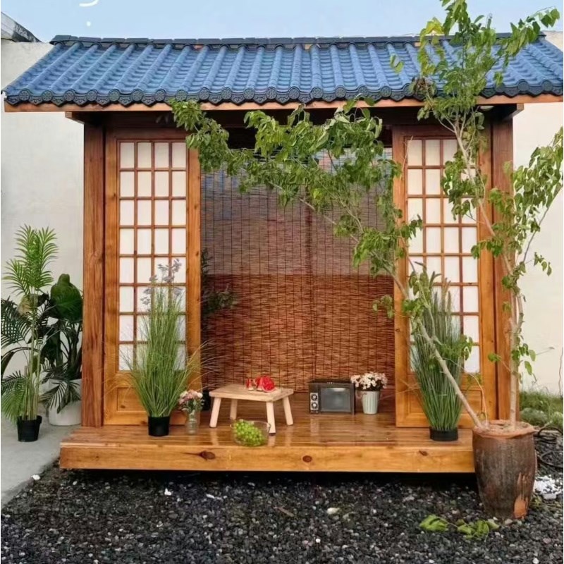 网红日式小木屋户外别墅房子防腐木拍照农家小院造景庭Z院茶室凉