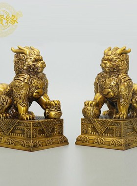 铜麒麟摆件一对纯黄铜公母办公室家用客厅店O铺开业礼物送礼入户