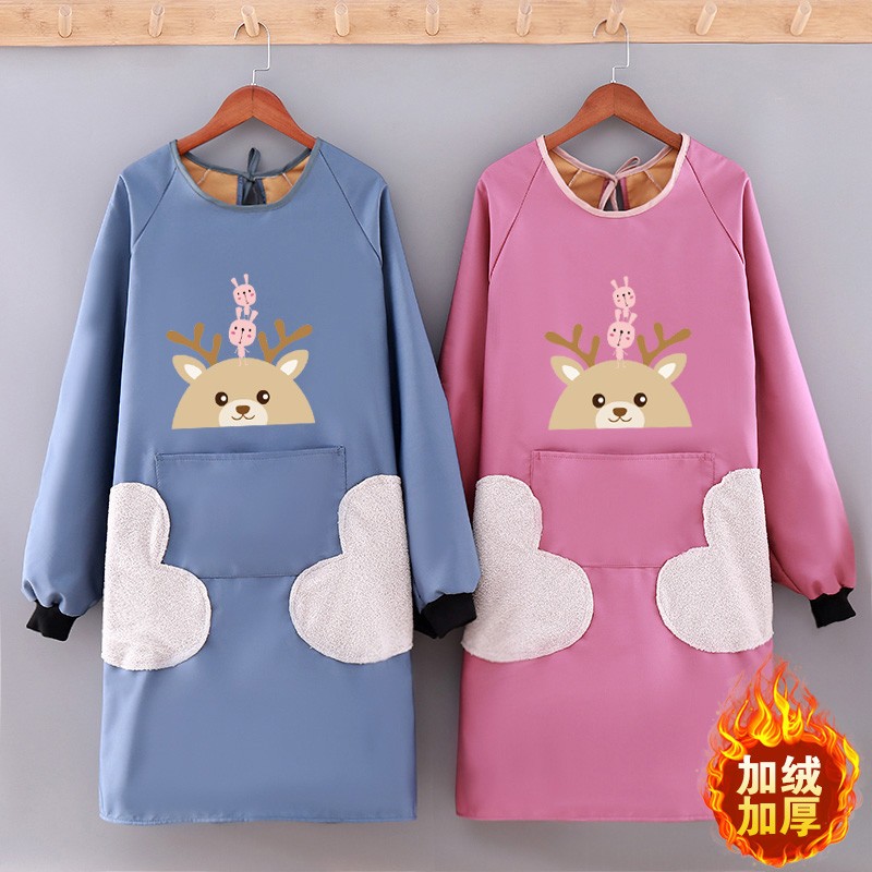 冬天加绒加厚长袖围裙女时尚防水防油厨房家用工作服保Z暖大人罩