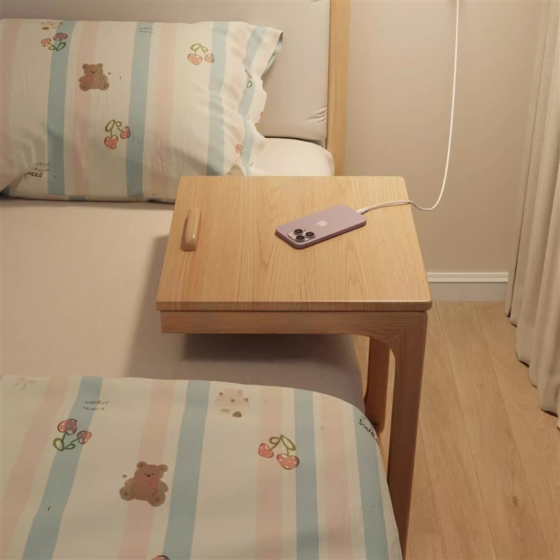 可移动床边桌床头柜家用卧室客厅实木腿带轮茶几小V桌子床头置物