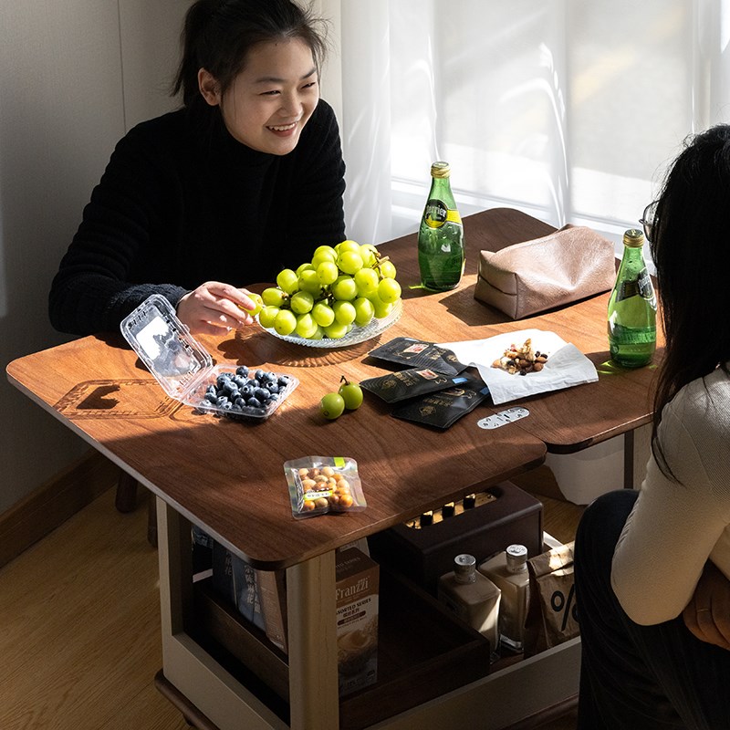 拾影木筑 黑胡j桃木移动茶几小推车客厅多功能可折叠桌面沙发边几