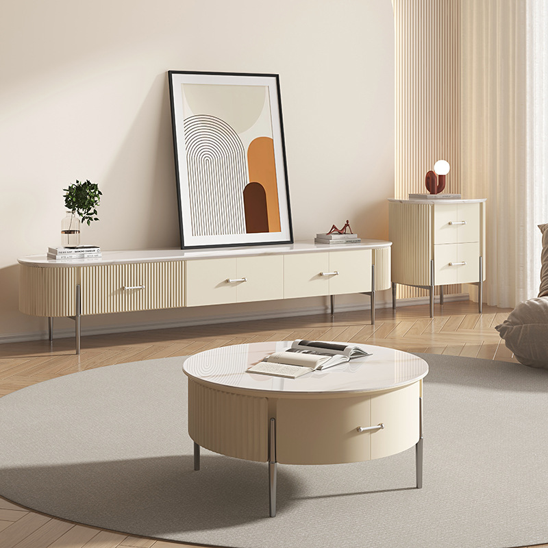 岩板茶几小户型奶油风客厅家用大小圆组合简约现代圆形法式茶桌子