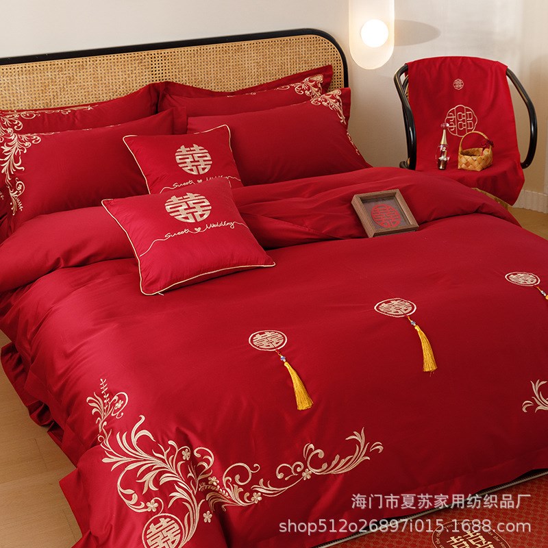 新款双股长绒棉婚庆刺绣四件套大红喜庆结婚床上用品床单被套绣花
