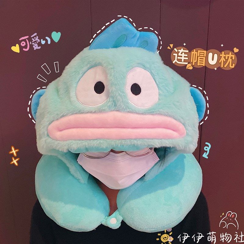卡通史迪奇鱼怪连帽U型护颈枕遮光午睡颈枕旅行可携式飞机.连帽子