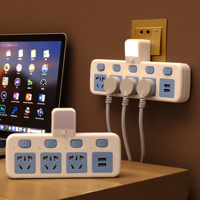 公正午全铜插座无线转换器夜灯USB独立开关多功能一转多位排插板
