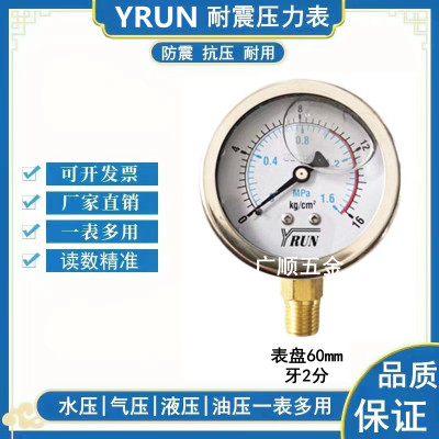 YRUN不锈钢耐震压力表家用气水压测试打压空压机2分注塑机油压表