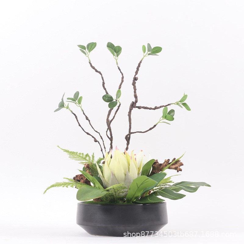 售楼处现代仿真花艺软装饰摆件新中式样板房餐桌客厅玄关盆景摆设