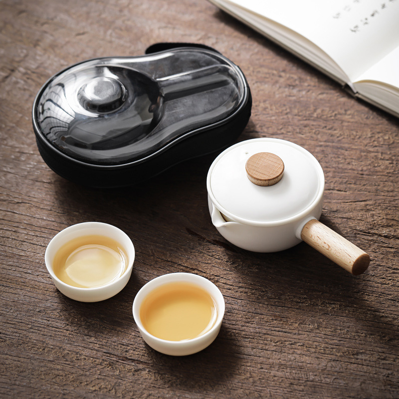 白瓷侧把壶旅行茶具套装一壶二杯便携式快客杯防烫功夫泡茶器茶壶