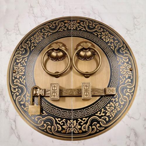 仿古大门门栓纯铜拉手圆形黄铜门锁实木中式老式栓门环木门明插销