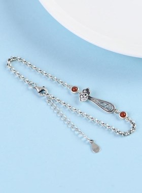 - 925银手链 复古文艺气质如意圆环珍珠链南红玛瑙银链女款