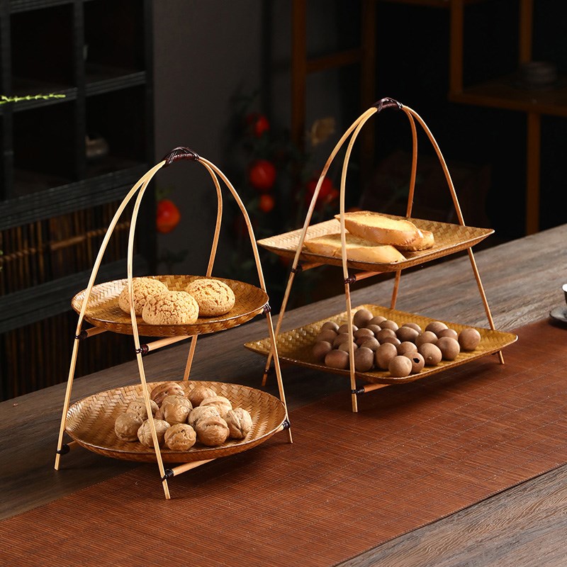 竹编复古双层果盘手提篮干果盘茶点心盘多层水果盘可拆卸中式果碟