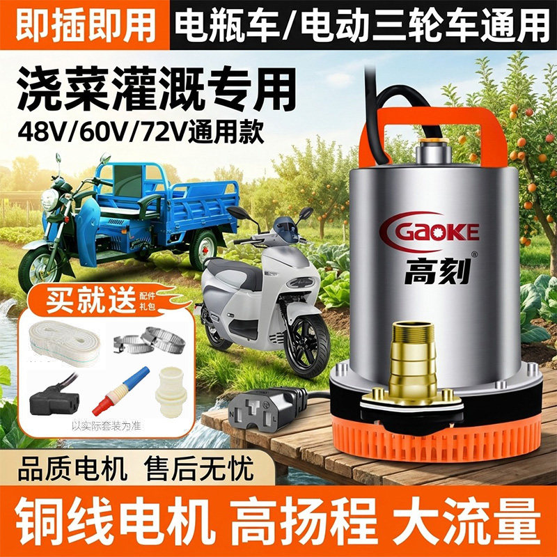 高刻直流潜水泵48v60v72v电动车电瓶车专用抽水泵浇菜农用灌溉机