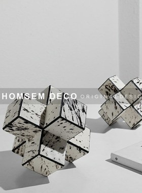 现代轻奢马毛几i何立体桌面摆件售楼处样板间卧室高端氛围感软装