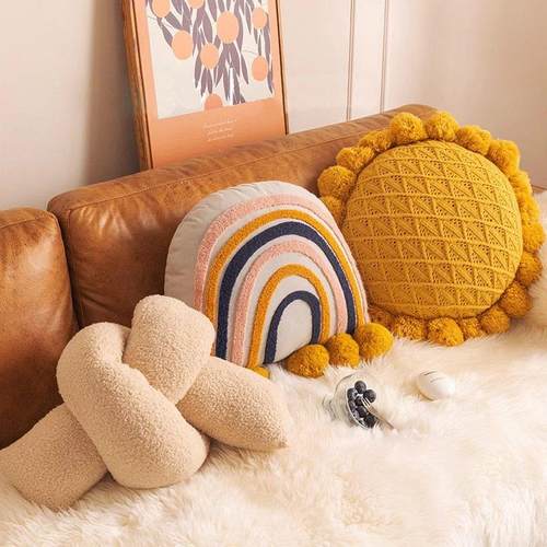北欧沙发抱枕异形扭扭条靠卧室彩虹簇绒靠垫床头腰枕抱枕蒲团靠垫