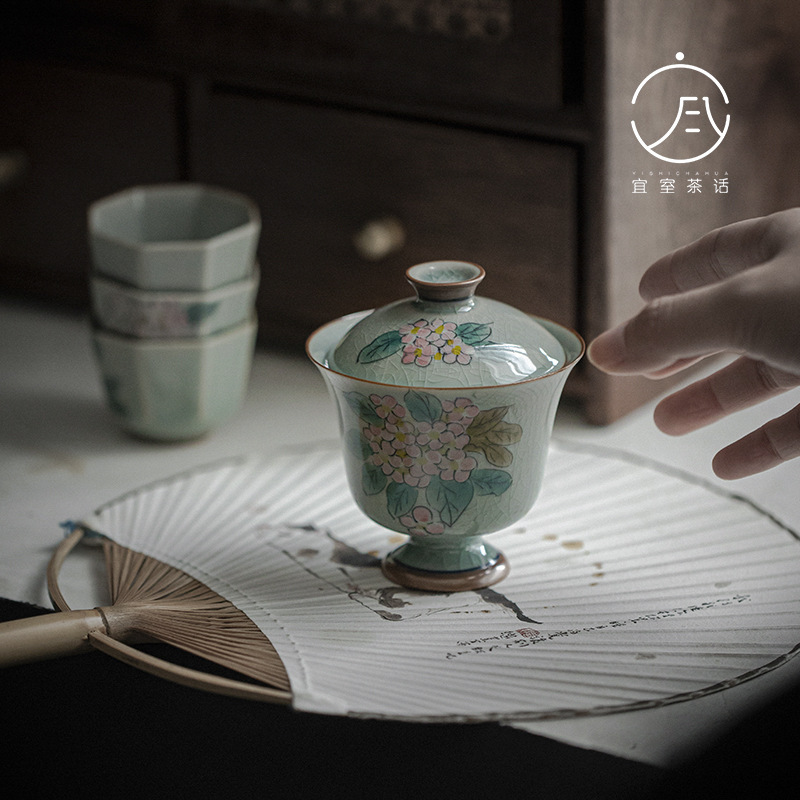 宜室茶话 冰裂釉精工釉下手绘绣球花高足盖碗二才泡茶碗陶瓷茶杯