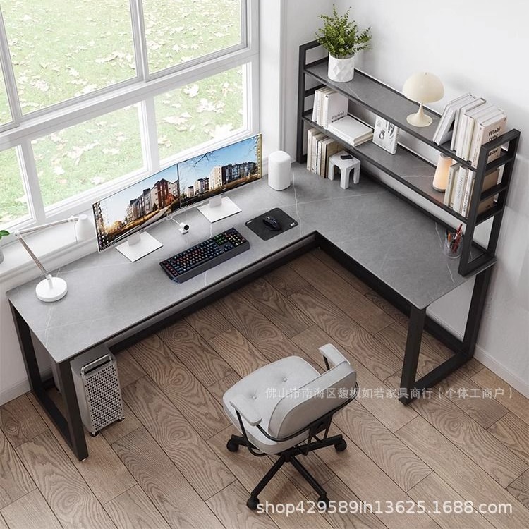 双人转角台式桌子书架竞桌学生家用办公桌卧室简约学习电脑桌书桌