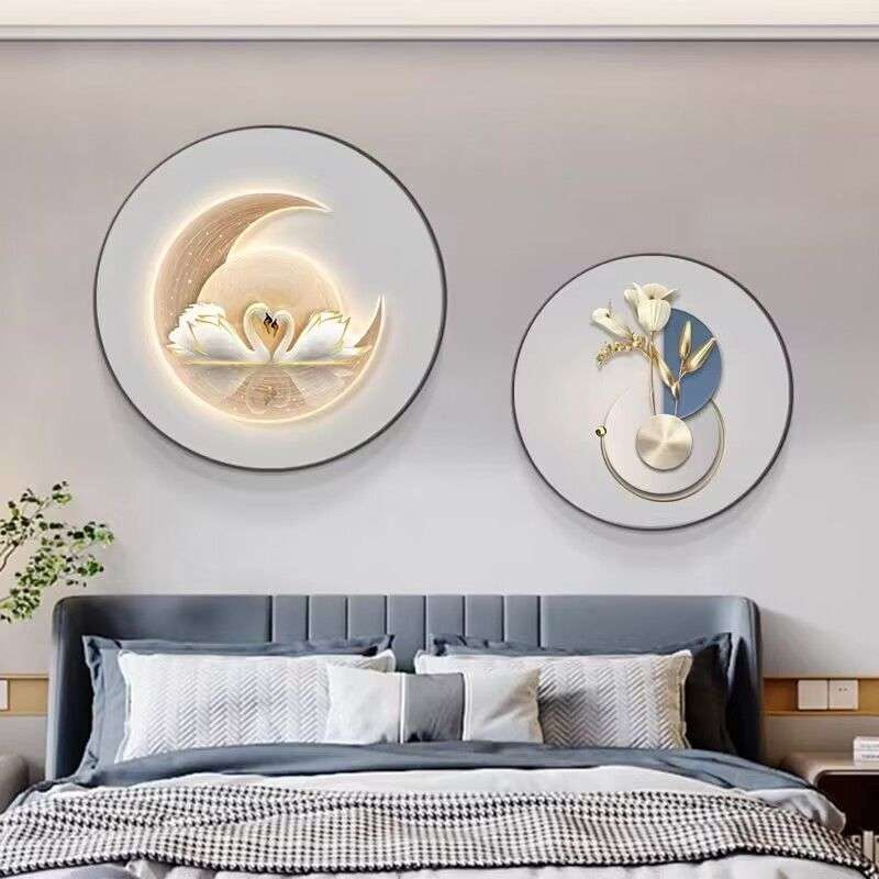圆形北欧卧室装饰画天鹅床头画挂画现代简约房间温馨婚房主卧壁画图片