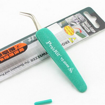 台湾宝工TZ-204N 抗静电防滑软套弯尖镊子 不锈钢镊子120.5mm弯嘴