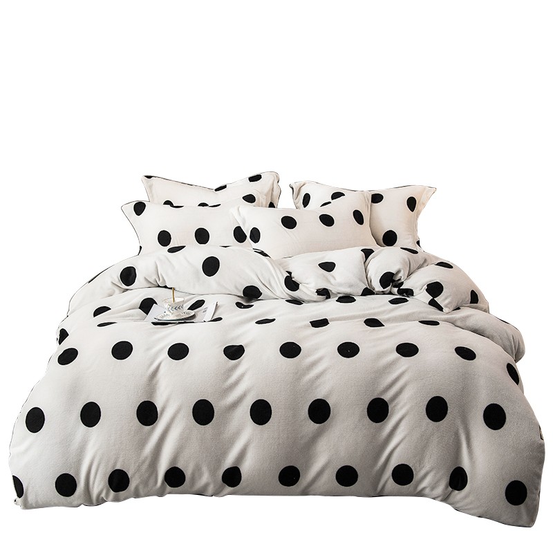 珊瑚绒四件套冬季牛奶绒双面黑白格子波点床单床笠1米2床上三件套