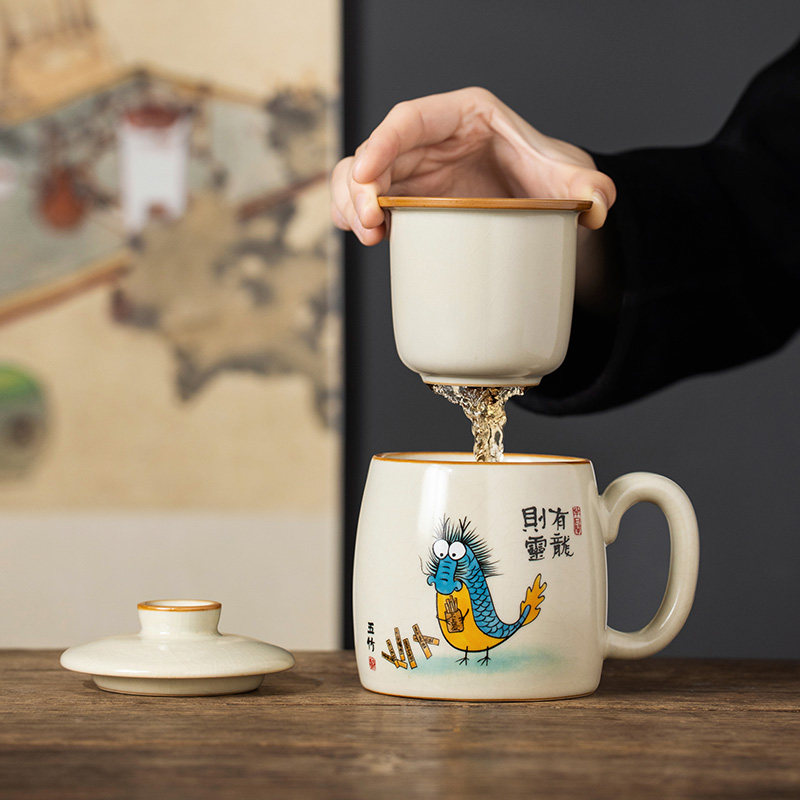 汝窑龙则灵泡茶杯办公室水杯带盖马杯带过杯子