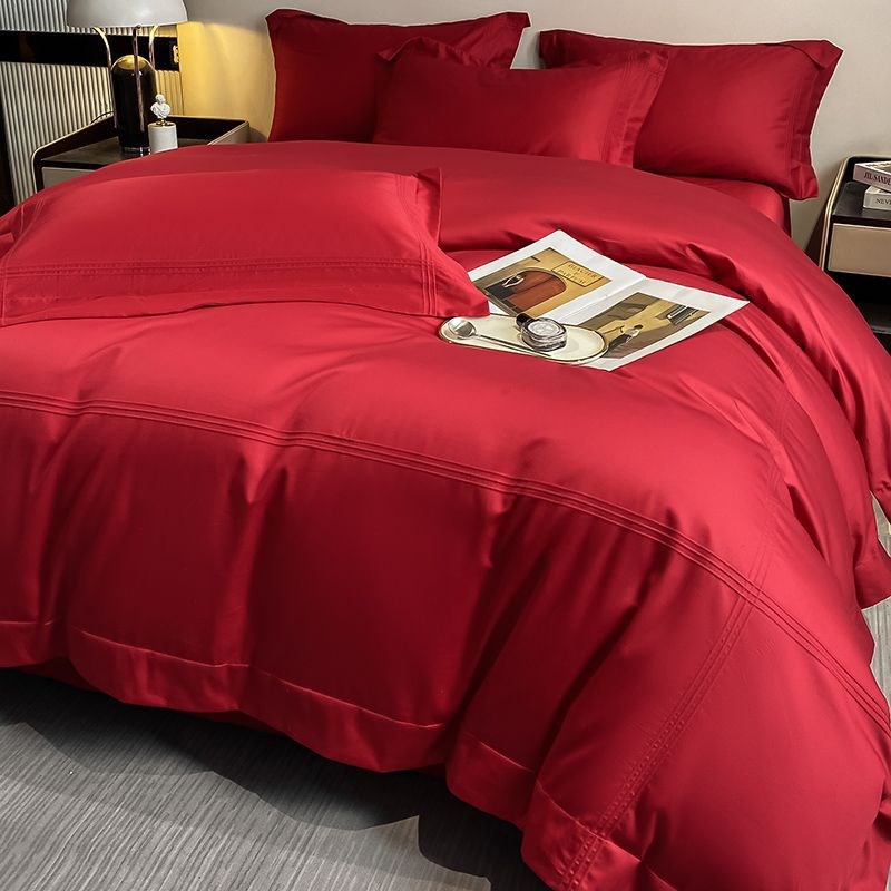 结婚铺床上用品大红色简约色四件套新婚庆100支长绒棉棉喜被