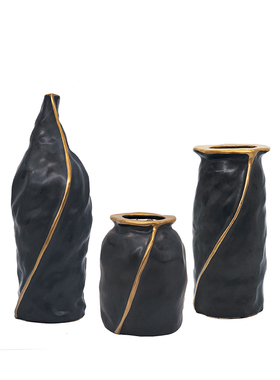 新中式黑金陶瓷花瓶工艺品摆件现代样板房家居客S厅餐桌软装饰花