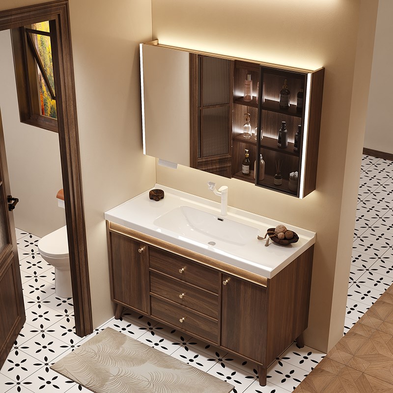 胡桃木落地陶瓷一体盆浴室柜组合卫生间洗手台盆柜洗手Y洗脸洗漱