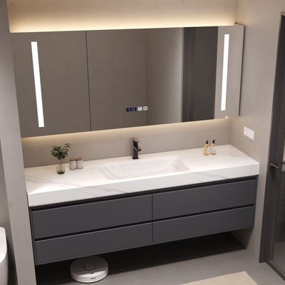 轻奢简约岩板热i弯一体陶瓷无缝盆浴室柜组合洗漱台卫生间洗脸柜