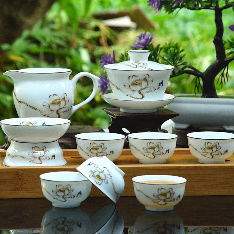 高档白玉瓷独秀金莲花套装工夫茶具 泡茶杯 莲房盖碗 公道杯 茶备