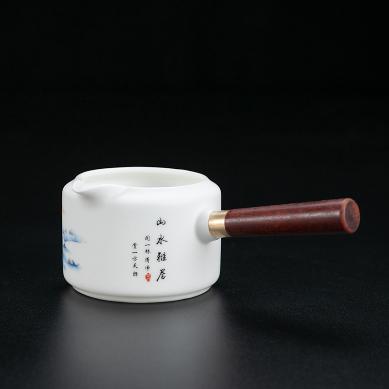 羊脂玉瓷公道杯侧把分茶器防烫木公平杯功夫茶具茶道配件大号茶海