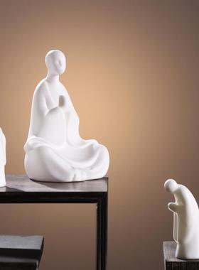 禅意摆件白瓷人物中式小和尚茶室桌面配件陶瓷无相佛盆景鱼缸装饰