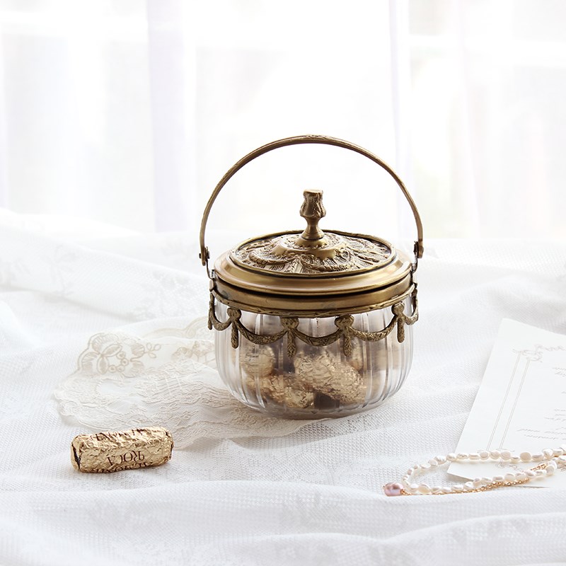 进口黄铜复古储物罐糖果盒玻璃饰品盒复古浪漫法式高档摆件