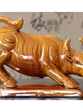 唐三彩牛陶瓷黄牛水牛摆件工艺品礼品家居客厅装饰品办公缺角摆件