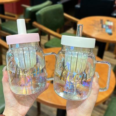 手柄大肚玻璃杯家用办公室水杯可加热带茶隔泡茶杯女大容量吸管杯