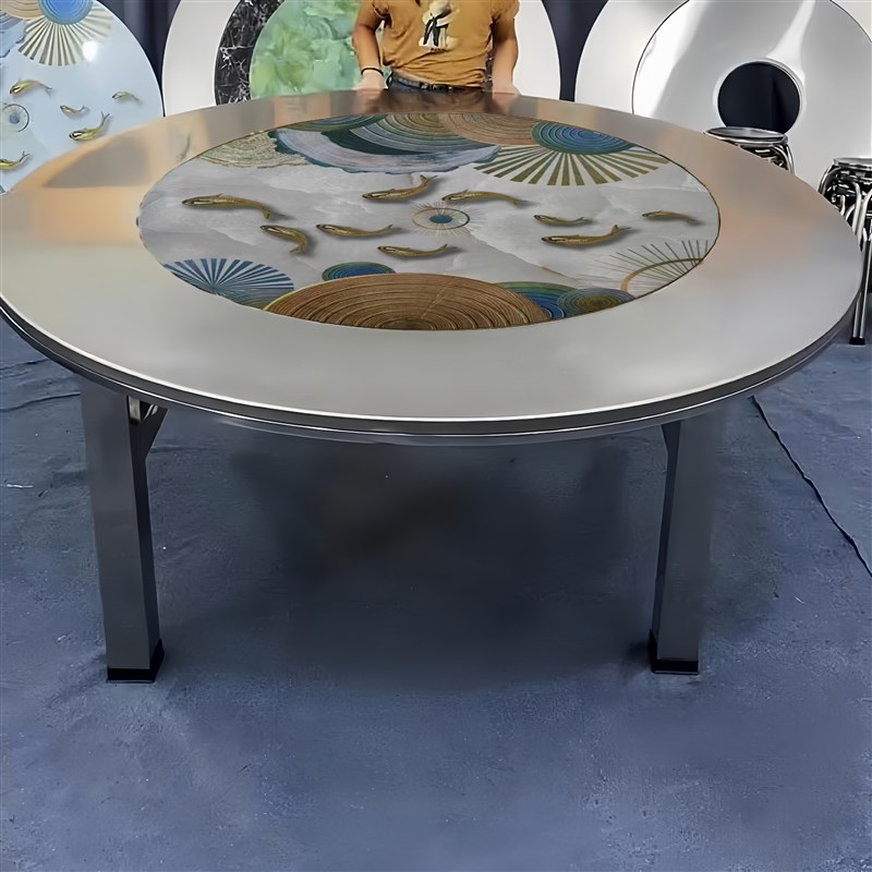 1.5米~2米特大特粗80方w管桌腿加厚不锈钢内置彩图转盘折叠餐桌