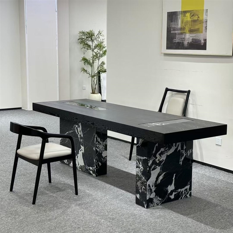 新中式茶桌椅组合实木书桌v办公桌休闲民宿茶台黑胡桃白蜡木茶桌